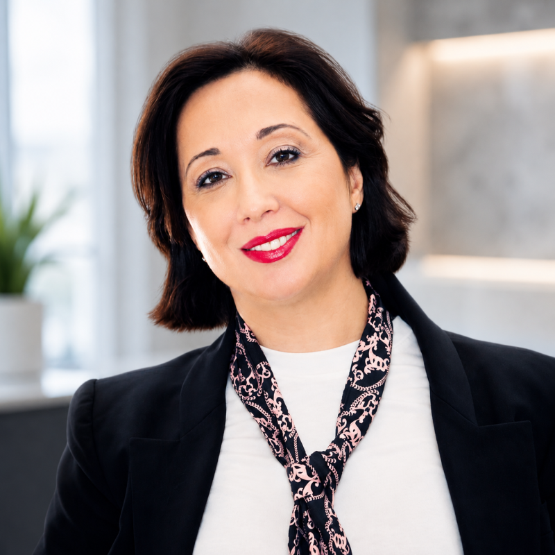 Portrait of Dr. Tanya Vilderman with dark shoulder-length hair smiling, wearing a dark blazer over a white top with a patterned neck scarf